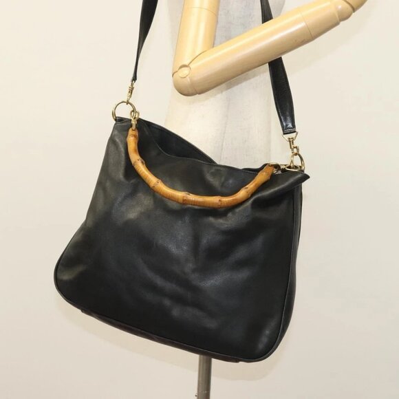 GUCCI Bamboo Hand Bag Leather 2way Black Gold 001 2852 1577 0 Auth ep10073 - Picture 1 of 16